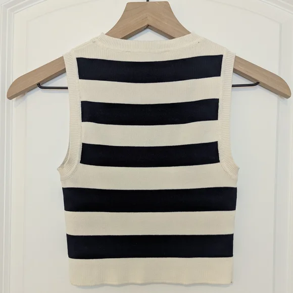 Zara Black/Navy and Cream Striped Crewneck Cropped Sweater Size Small - Picture 2 of 7